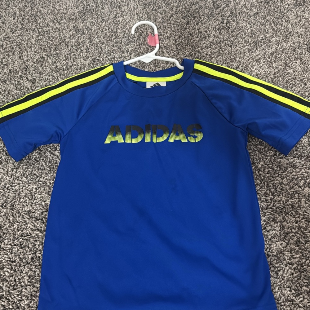 Adidas Royal Blue Tee with Neon Yellow Stripes